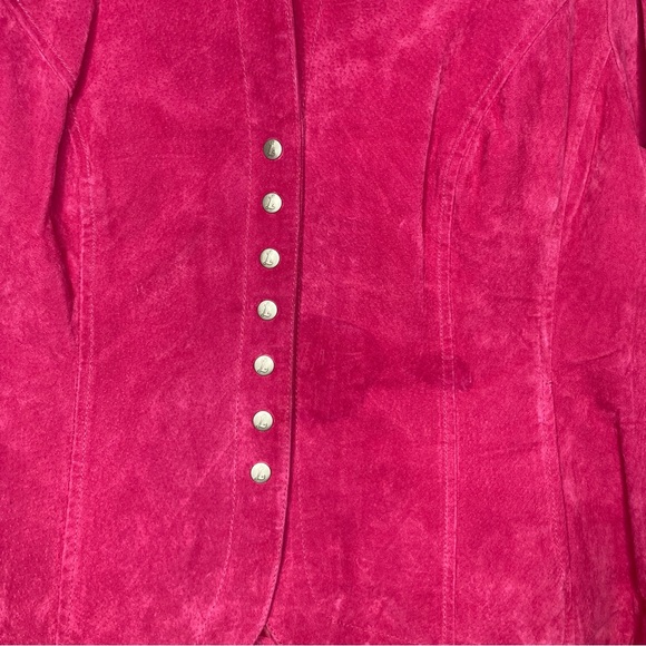 Live A Little XL Hot Pink Suede Leather Snap Button Up Fitted Jacket Pockets - Picture 3 of 10
